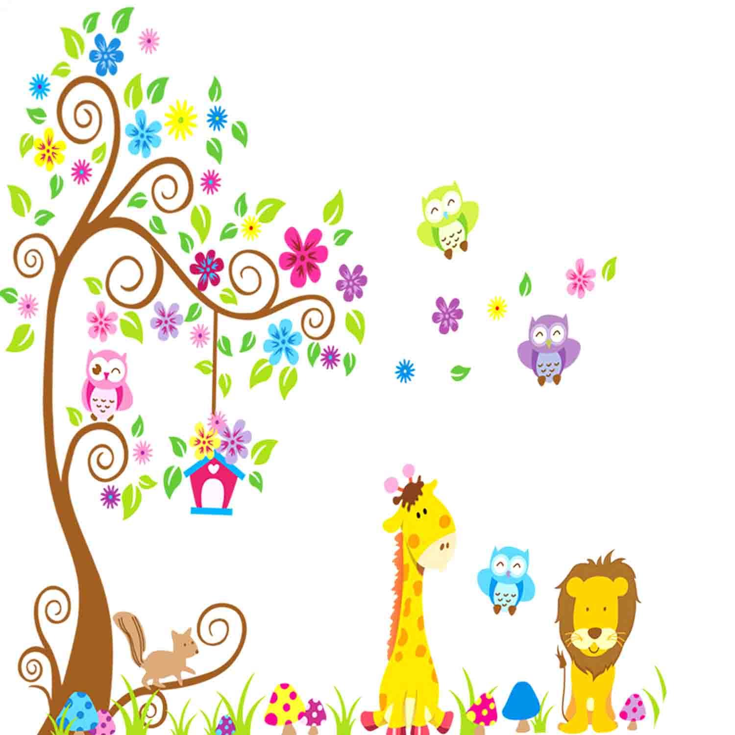 Cartoon Giraffe Lion Owl Tree Pattern Children Kids Nursery Room Home Decor DIY PVC Wall Stickers Wallpaper
