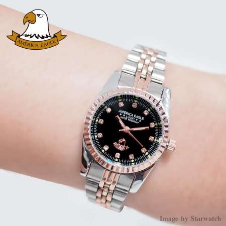 AMERICA EAGLE Watch นาฬิกาข้อมือผู้หญิง กันน้ำ สายสแตนเลส รุ่น AE8001L - PinkGoldSilver / Black