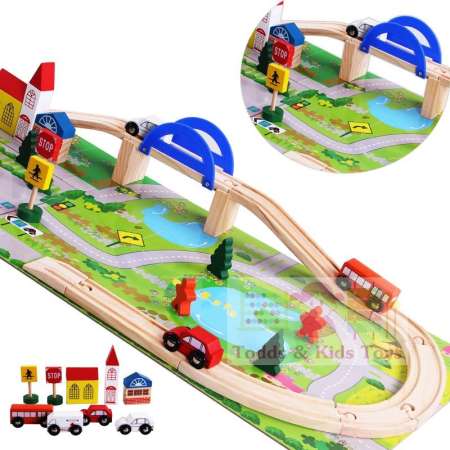 Todds Kids Toys ของเล่นเสริมพัฒนาการ บล็อกไม้ชุดสร้างเมือง Rail Overpass เมืองจำลอง ฟรี! รถไฟเเม่เหล็ก 3 คัน มูลค่า 199 บาท