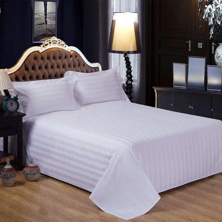 ผ้าปูที่นอน สีขาว ลายริ้ว ทอ 250 เส้น ไม่รัดมุม งานส่งโรงแรมชั้นนำ 5 ft. 102*112 inch