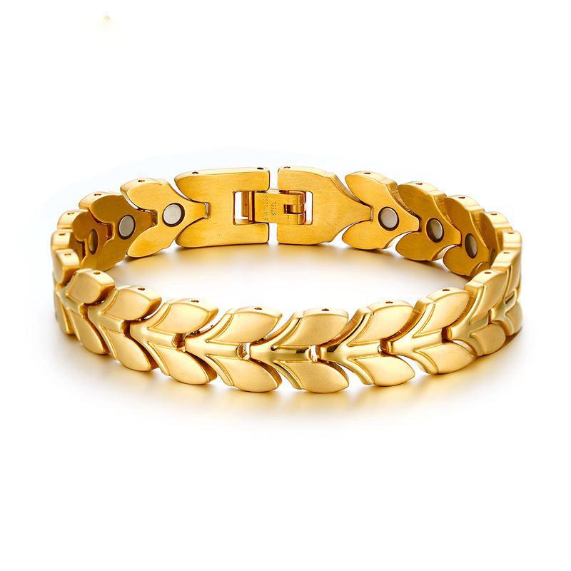 Men's Black & Gold Tone Stainless Steel Bracelet - Chain Link With Power Element Magnets