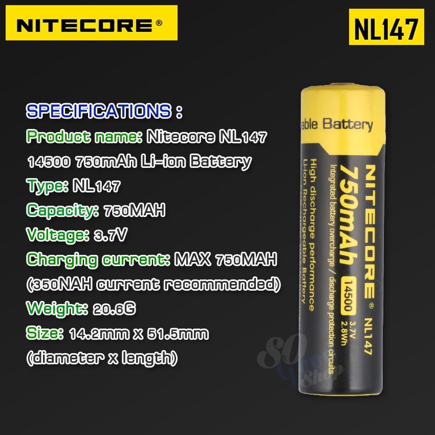 Nitecore NL147 750mAh 14500 3.7V 2.8Wh Li-ion Rechargeable Battery For High  Drain Devices