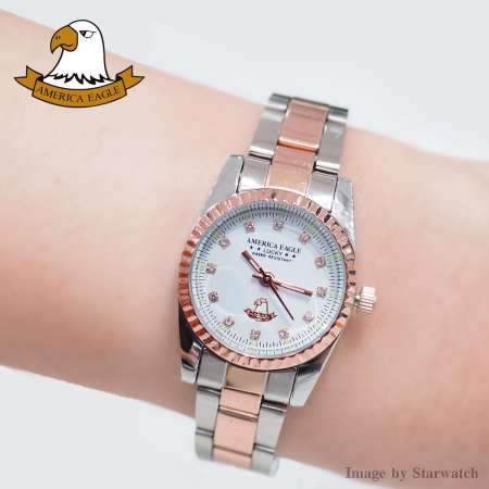 AMERICA EAGLE Watch นาฬิกาข้อมือผู้หญิง กันน้ำ สายสแตนเลส รุ่น AE8002L - PinkGoldSilver / White