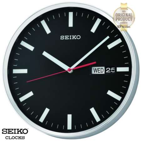 SEIKO นาฬิกาแขวน 12 นิ้วมีช่องแสดงวันและวันที่ หน้าปัดสีดำขอบสีเงินโครเมี่ยม รุ่น QXF104A