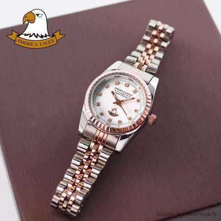 AMERICA EAGLE Watch นาฬิกาข้อมือผู้หญิง กันน้ำ สายสแตนเลส รุ่น AE8001L - PinkGoldSilver / White