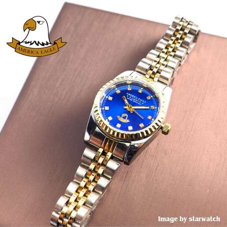 AMERICA EAGLE Watch นาฬิกาข้อมือผู้หญิง กันน้ำ สายสแตนเลส รุ่น AE8001L - GoldSilver/Blue
