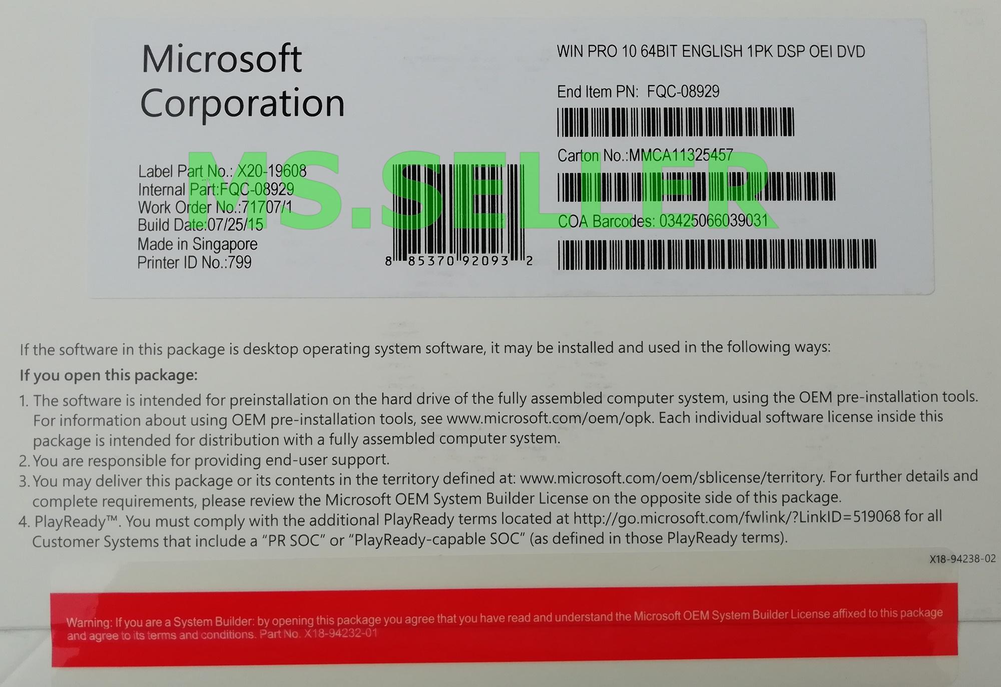 Microsoft Windows 10 Pro 64 Bit OEM - MS.SELLER - ThaiPick