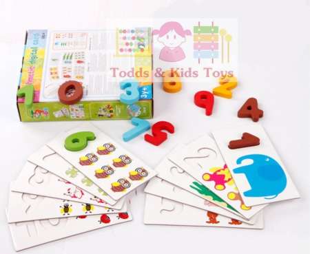 Todds Kids Toys ของเล่นไม้เสริมพัฒนาการ เเฟลชการ์ด/ จิ๊กซอว์ไม้สามมิติ ชุดตัวเลข 1-10 พร้อมถุงเก็ปอุปกรณ์