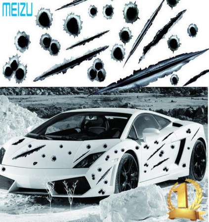 สติ๊กเกอร์ รูปแบบการขูด รถยนต์ 3D Simulated Bullet Holes Car Sticker Scratch Decal Waterproof Motorcycle Stickers 21X30CM