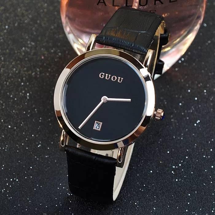 GUOU durable slim leather strap watch women's fashion watch ladies watch fashion with calendar สินค้าพร้อมส่ง แถมฟรีกล่องและถุง (มีบริการเก็บเงินปลายทาง) R-069