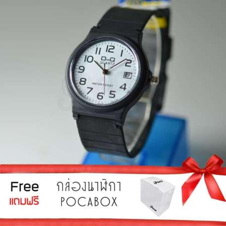 OMQ นาฬิกาข้อมือผู้หญิง ผู้ชายมีวันที่ สายยางสีดำ หนัาปัดกลม MQ-24 ฟรีกล่องPOCA