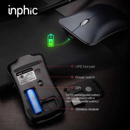 เมาส์ไร้สาย Inphic Premium Collection (มีแบตในตัว) (ปุ่มเงียบ) (มีปุ่มปรับความไวเมาส์ DPI 1000-1600) มี (Premium Optical Light ใช้งานได้เกือบทุกสภาพผิว) Rechargeable Wireless Mouse M9