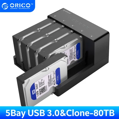 ORICO 6558us3-C 2.5/3.5 "5 Bay USB3.0 ไปยัง SATA HDD Docking Station USB3.0 Hard Drive Enclosure รองรับ 16TB ต่อ Bay ออฟไลน์ Clone HDD SSD ฐาน