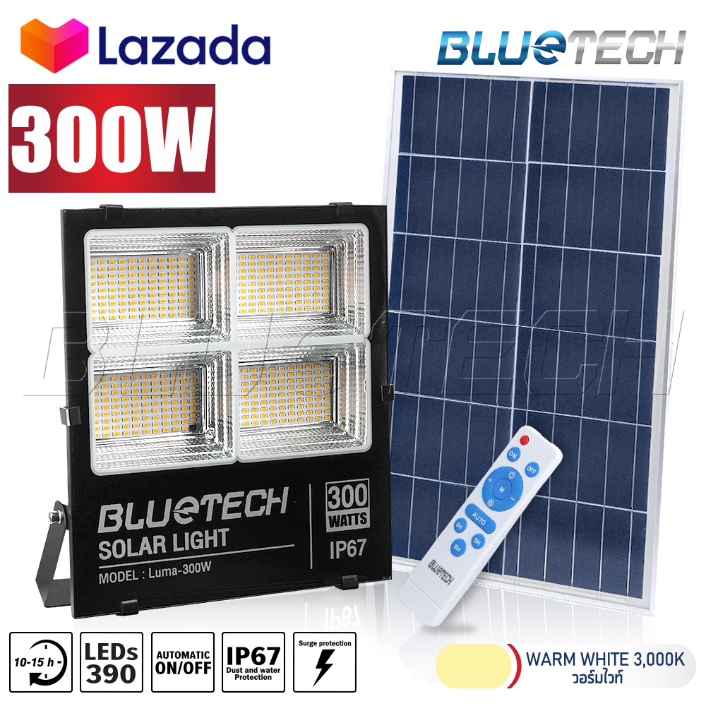 Bluetech USA ไฟโซล่าเซลล์ ขนาด 300วัตต์ สี ขาว (White) / วอร์มไวท์ (Warm White) ไฟสปอร์ตไลท์ Solar Cell LED Floodlight, Spotlight รุ่นใหม่ กันน้ำ IP67 วัตต์เต็ม รับประกัน 1ปี