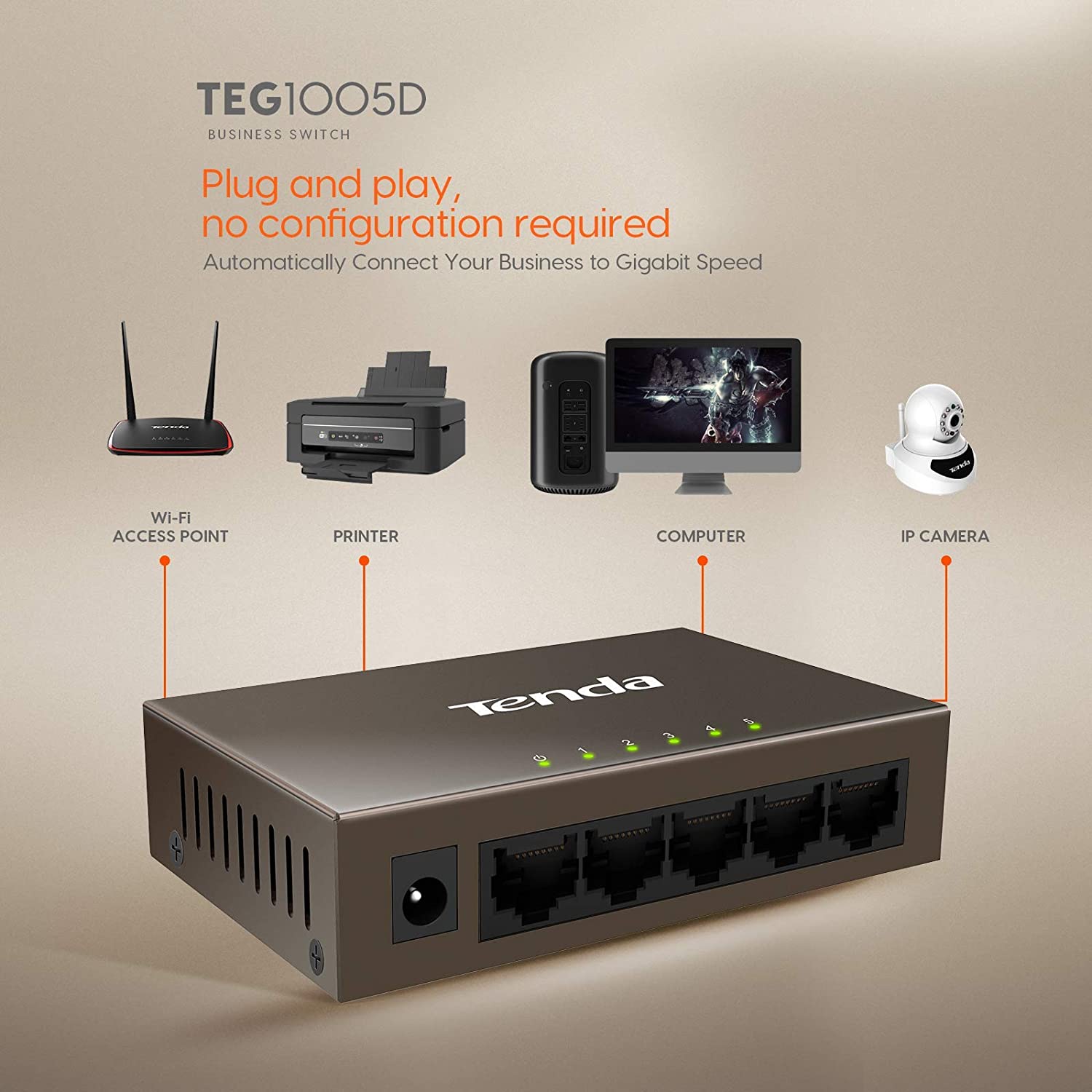 TENDA 5-Port Gigabit Ethernet Unmanaged Switch Desktop, Sturdy Metal Fanless Housing, Plug-and-Play, Traffic Optimization, Unmanaged รุ่น TEG1005D รับประกันศูนย์ 5 ปี