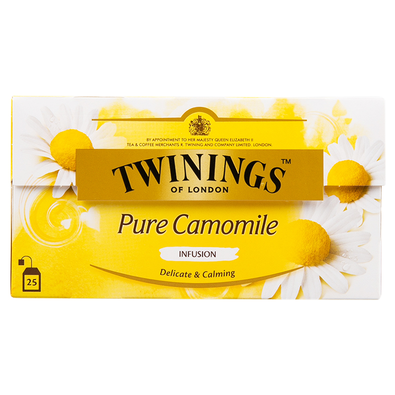 Twinings Pure Camomile Tea ทไวนิงส์ เพียวคาโมมายล์ ชาดอกคาโมมายล์ ชาทวินนิ่ง 1 กล่อง มี 25 ซอง ไม่มีคาเฟอีน กลิ่นหอมมาก ช่วยให้หลับง่าย สัมผัสรสชาติอ่อนโยนนุ่มละมุน กลิ่นหอมอ่อนๆ จากดอกคาโมมายล์ ที่จะช่วยให้ผ่อนคลายทุกครั้งที่ดื่ม ชาเพื่อสุขภาพ ราคาถูก