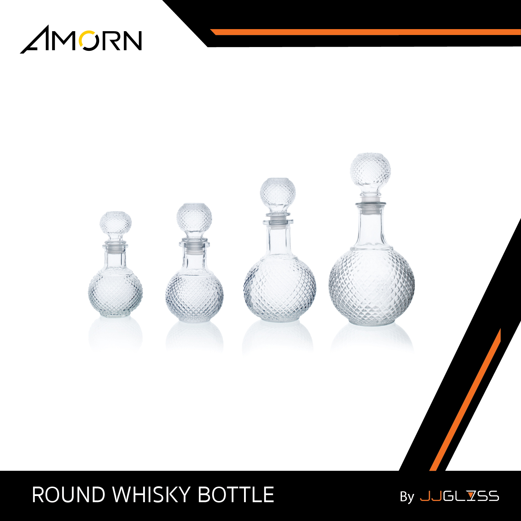 JJGLASS - (AMORN) ROUND WHISKY BOTTLE - ขวดวิสกี้ ทรงกลม ขวดเหล้า ขวดแก้ว ขวดใส่น้ำหอม มี 4 ขนาด 150มล., 300มล., 500มล., 1,000มล.