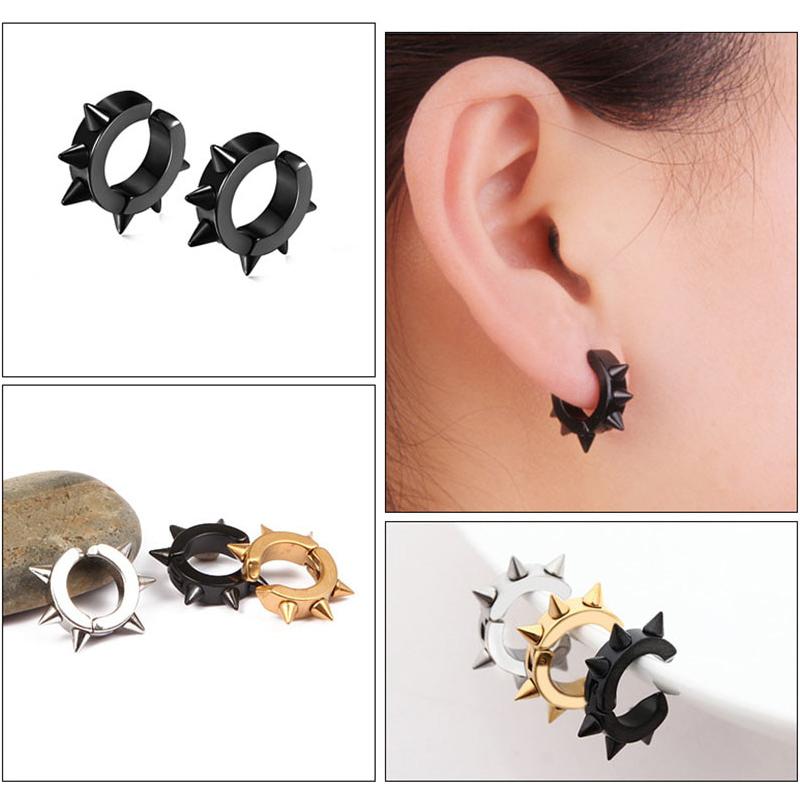 ต่างหู ไม่ต้องเจาะหู ตุ้มหู Punk Round Spike Cartilage Stainless Steel Clip Earrings For Women Men Fake Mens hoop Ear Stud No Piercing - 1 ข้าง
