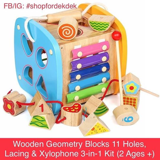 ของเล่นไม้สีเรขาคณิต - การศึกษาขั้นต้นของ Montessori (อายุ 2+) Wooden Geometric Blocks, Lacing & Xylophone 3-in-1 Kit - Montessori Early Education (Ages 2+)