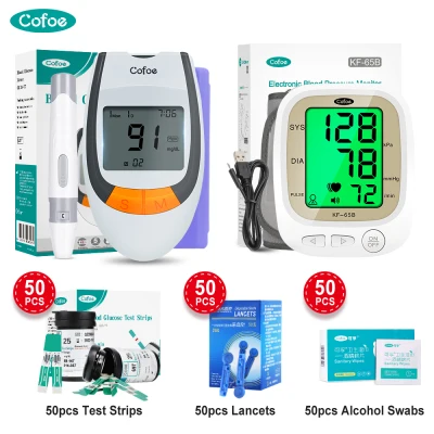 Cofoe Arm Blood Pressure Monitor + Glucometer with 50pcs Test Strips 50pcs Lancets 50pcs Alcohol Swabs Blood Glucose Meter & BP Monitor Test Set