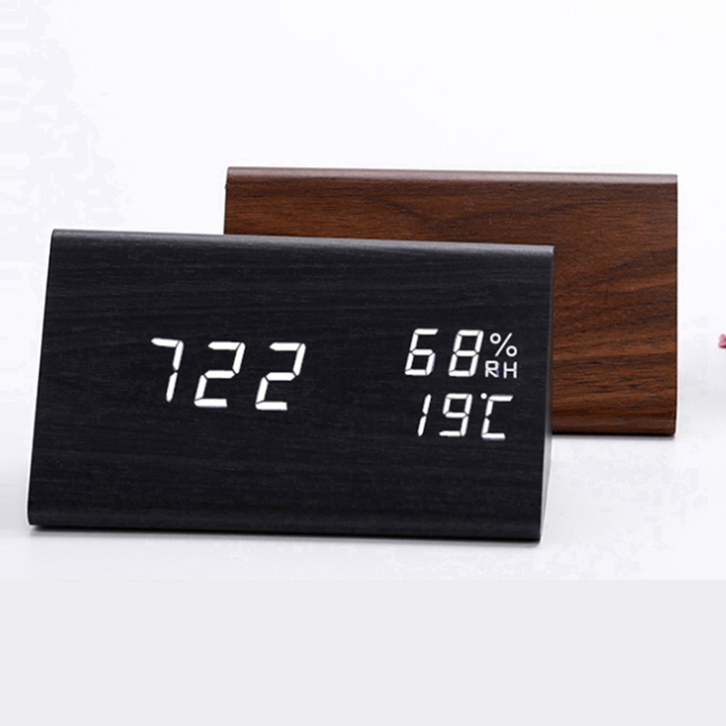 Alarm Clock Digital Wood LED Table Clock with Humidity and Temperature Display USB Power Connection