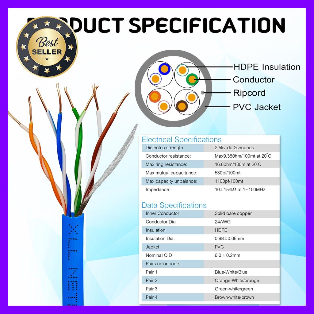สายแลน CAT5E สีน้ำเงิน ความยาว 100 เมตร ภายใน เลือก 1 ชิ้น คอมพิวเตอร์ มือถือ VGA การ์ดจอ หูฟัง