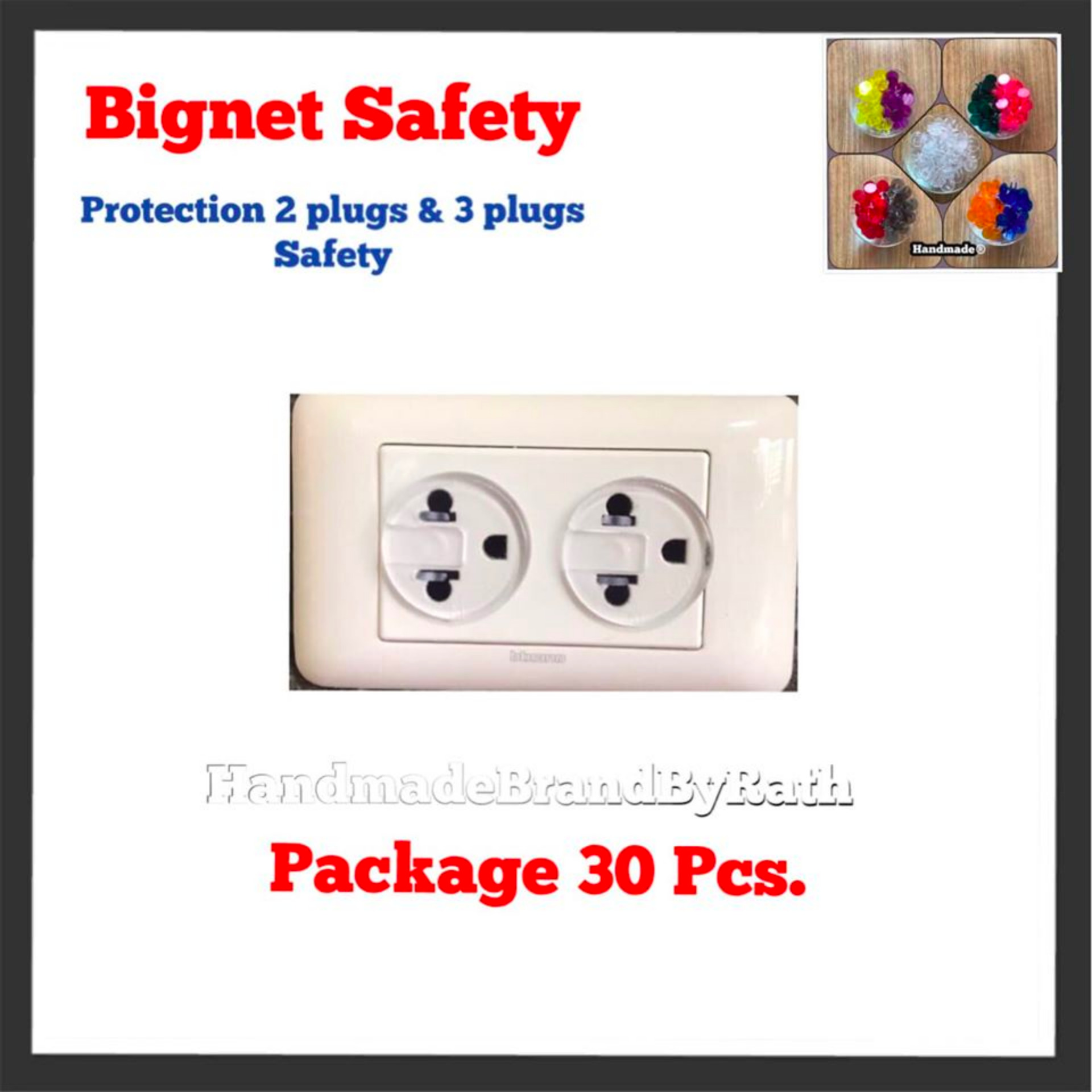 30 Pcs White Color Handmade®️Bignet ที่อุดรูปลั๊กไฟ Handmade®️ สีขาวใส 30 ชิ้น  Safety protection 2 plug  cover 3 plug (white color 30 Pcs)