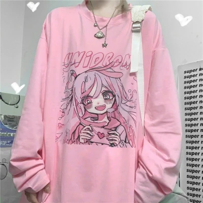 Japanese cute long sleeved female t shirt Harajuku Kawaii sweet girl print female t shirt pink kpop beautiful oversized clothes