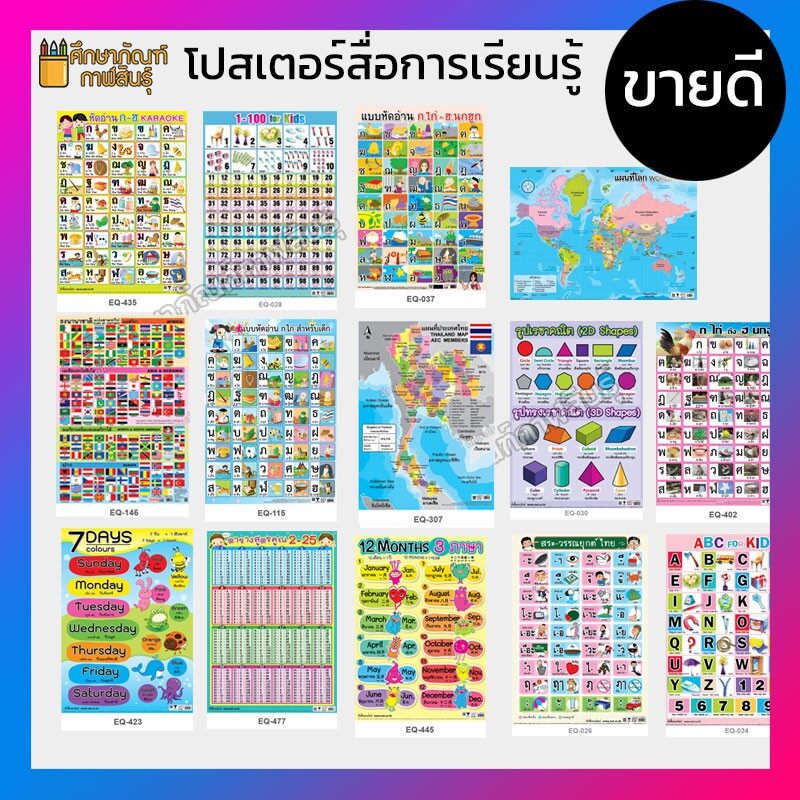 โปสเตอร์หัดอ่าน แบบหัดอ่าน ก ไก่-ฮ นกฮูก ก-ฮ abc a-z นับเลข 1-100 สระ ...