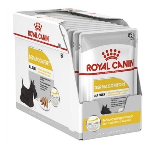 Royal Canin Loaf Dermacomfort Pouch อาหารสุนัขแบบเปียกชนิดซอง สำหรับสุนัขบำรุงขนและผิวแพ้ง่ายขนาด 85 ก x12 ซอง