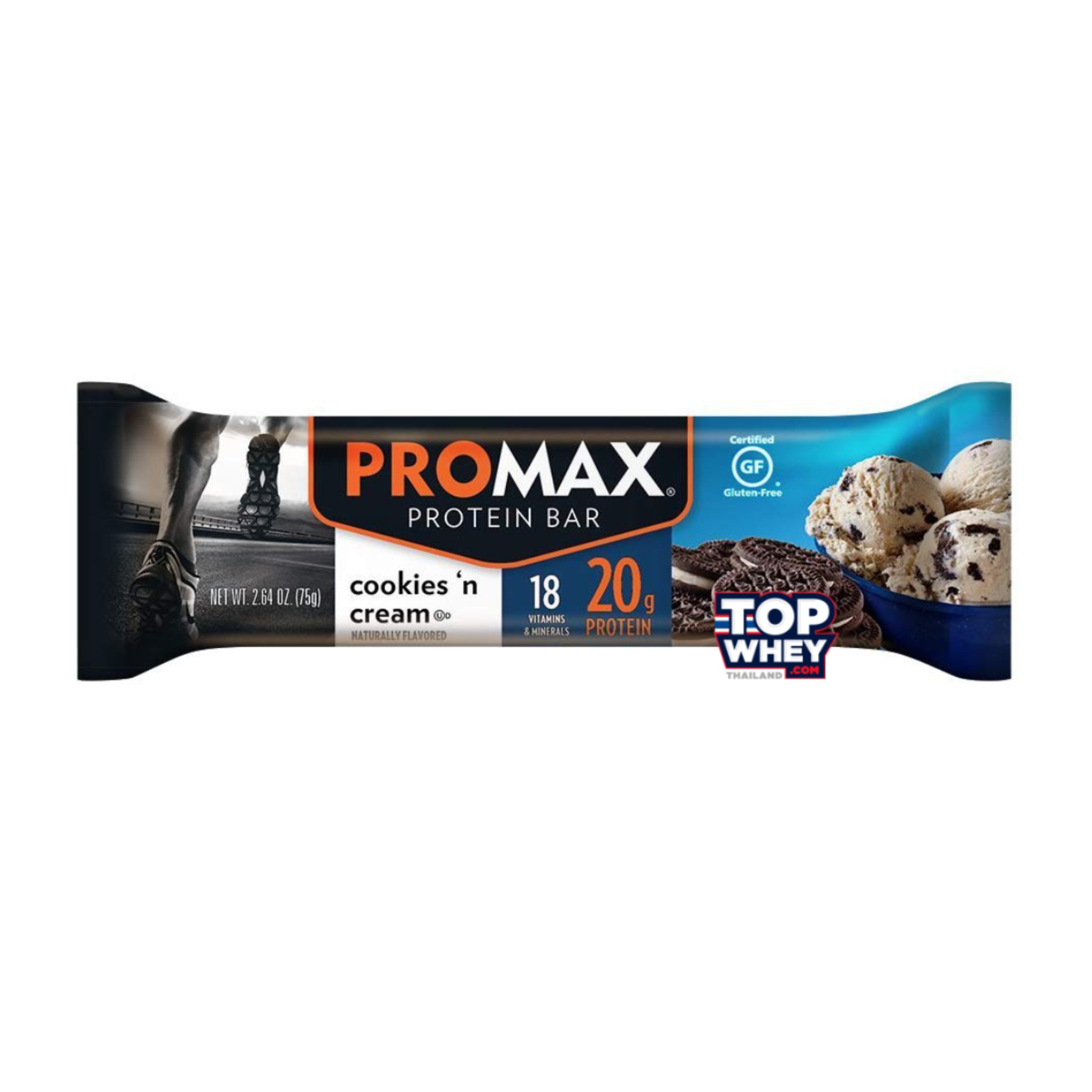 Promax Protein Bars - 1 Bar Cookies & Cream  โปรตีนบาร์  มีส่วนผสมของเวย์โปรตีน  สามารถทานเล่นหรือแทนมื้ออาหารได้  มีปริมาณของโปรตีนที่สูง