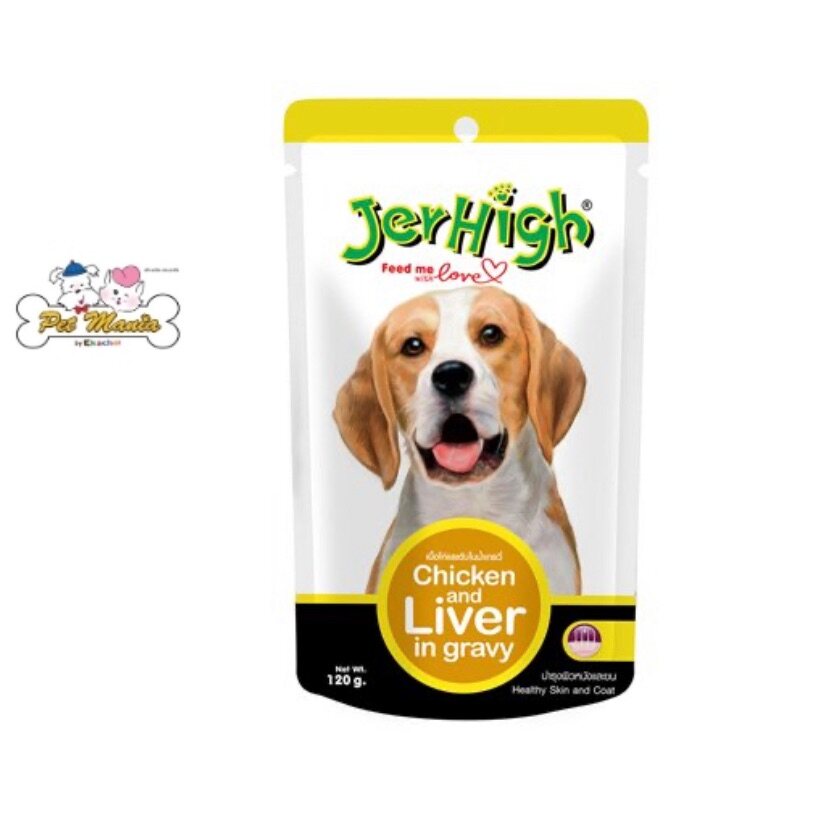 Jerhigh Pouch Chicken & Liver in Gravy (120 g.)  เจอร์ไฮ อาหารสุนัขแบบเปียก รสเนื้อไก่และตับในน้ำเกรวี่ (120 ก.)
