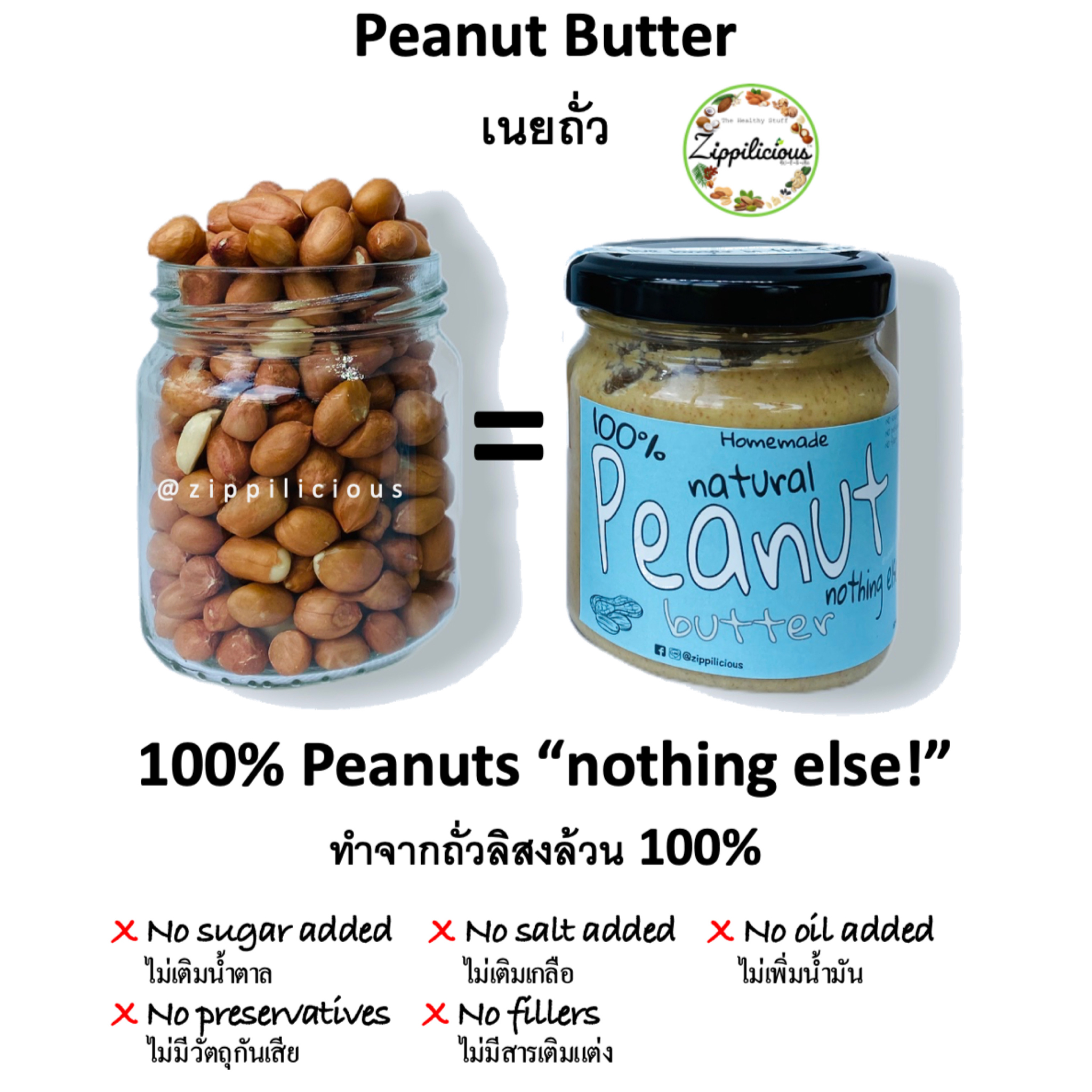 Zippilicious Peanut Butter 200g (NO Sugar NO Salt NO Oil added) All Natural Healthy Spread เนยถั่ว รสธรรมชาติ (ไม่เติมน้ำตาล ไม่เพิ่มเกลือ ไม่มีส่วนผสมของเนย) ทำจากถั่วล้วนๆ 100%