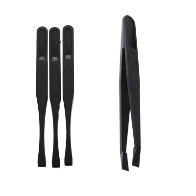 4 Pcs Tweezers: 3 Pcs 115mm Long Flat Tip Black Tweezers & 1 Pcs Manual Tool Plastic Flat Tip Anti-Static Tweezers