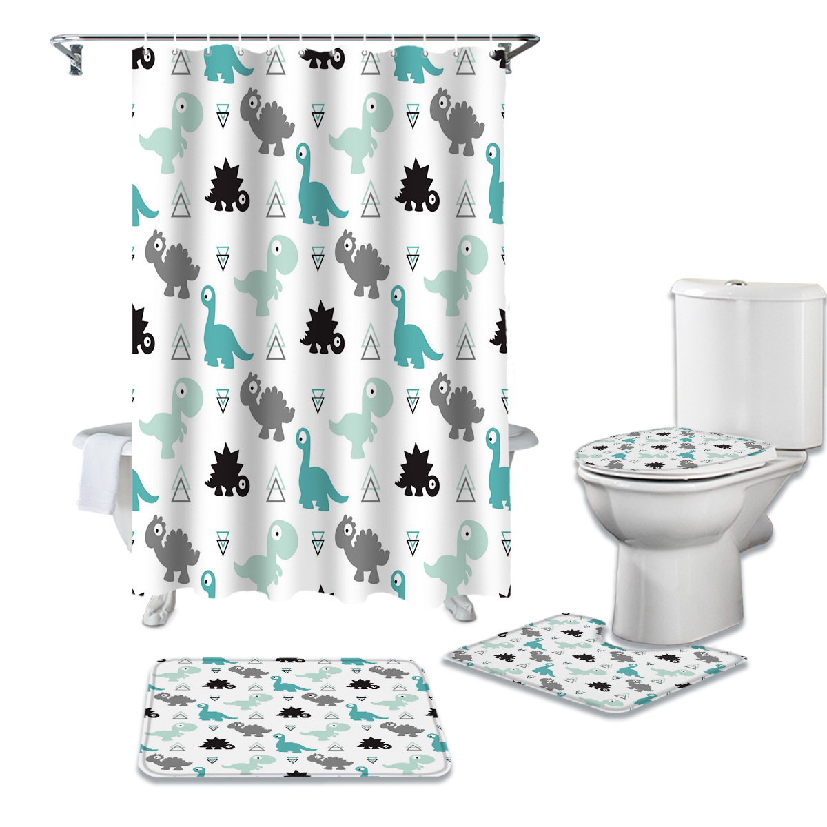 4Pcs Bamboo Bathroom Set Shower Curtain Toilet Lid Cover Bath Mat Non-Slip  ☇ 