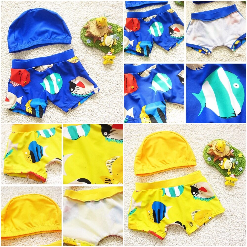 ชุดว่ายน้ำเด็กผู้ชายกับการออกแบบที่น่ารัก กางเกงว่ายน้ำ / กางเกงขาสั้น + หมวกสำหรับเด็ก   Boys Swimming Suit Set with Cute Design Prints, Swimming Trunks/ Shorts + Cap for Kids