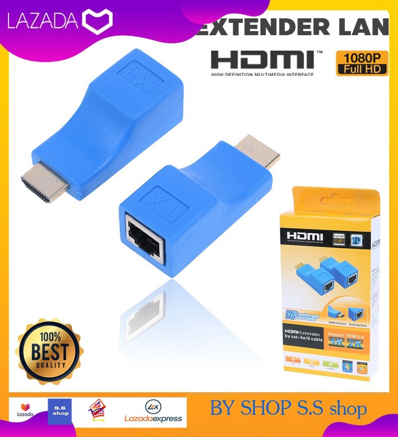 หัวแปลง HDMI เป็นสายแลน RJ45 เส้นเดียว รองรับ HD 4K ชุด 2 ตัว (รับ-ส่ง)HDMI Extender to RJ45 Over Cat 5e/6 Network LAN Ethernet Adapter Blue HW