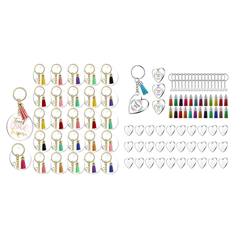 210 Pcs Acrylic Discs Clear Keychain Blanks Charms and Colourful Tassel Key Rings, Heart & Tassels