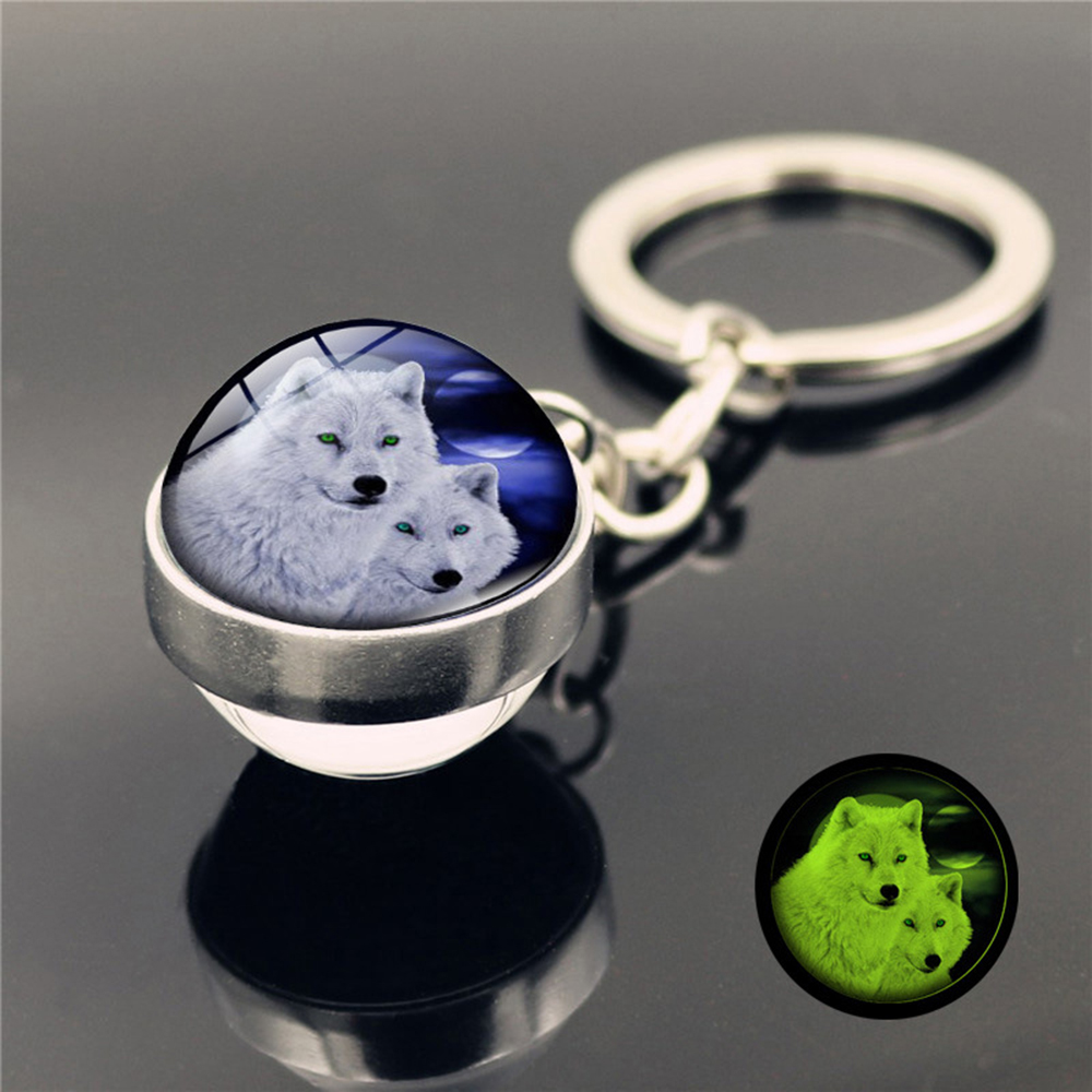 RD5BA7 Ornaments Pendant Howling Wolf Glass Ball Luminous Key Chain Keyring Keychain Key Ring