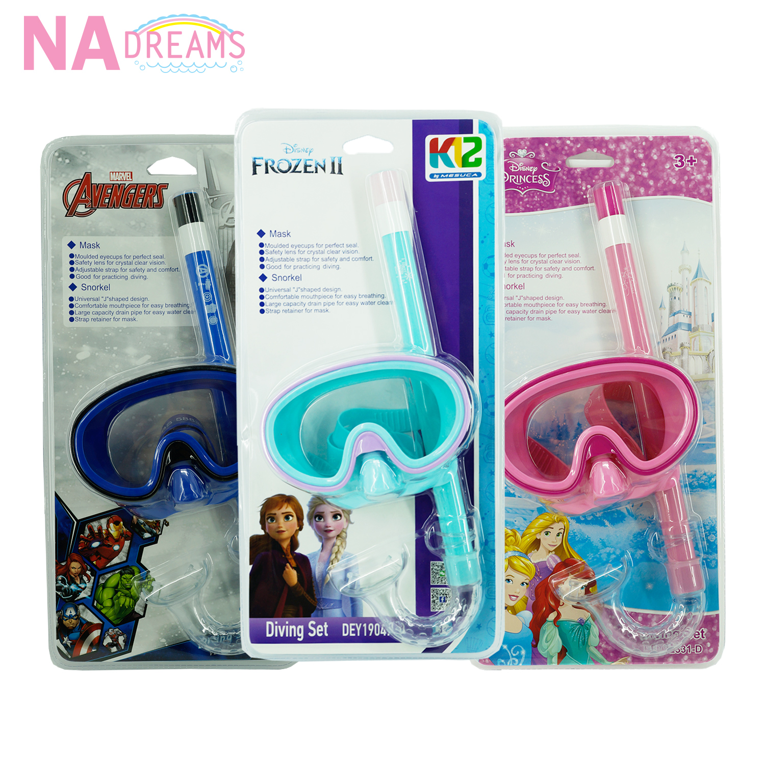 NADreams หน้ากากดำน้ำ หน้ากากดำน้ำเด็ก ลายการ์ตูน โฟรเซ่น Frozen, เจ้าหญิง Princess, อเวนเจอร์ Avengers แว่นตาว่ายน้ำ