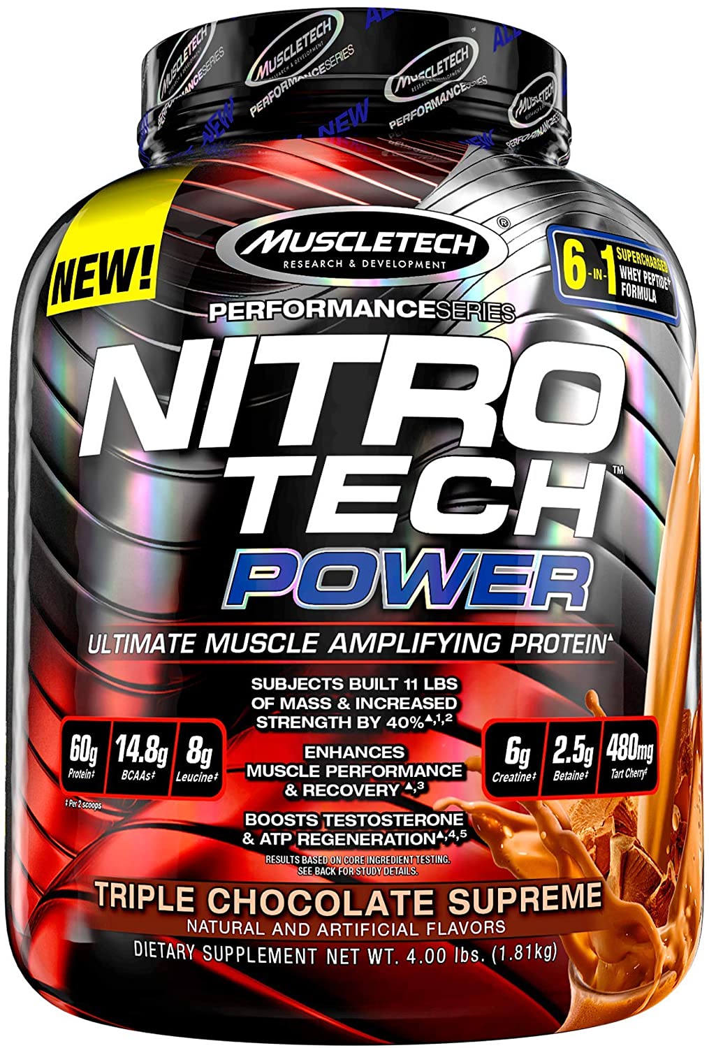 MuscleTech Nitro-Tech Power (4 Lbs) Whey Protein Powder Ultimate Muscle-Building Shake Supplement Protein  BCAA and Creatine INCREASED MUSCLE STRENGTH TESTOSTERONE SUPPORT เวย์โปรตีน บีซีเอเอ ครีเอทีน สร้างกล้าม
