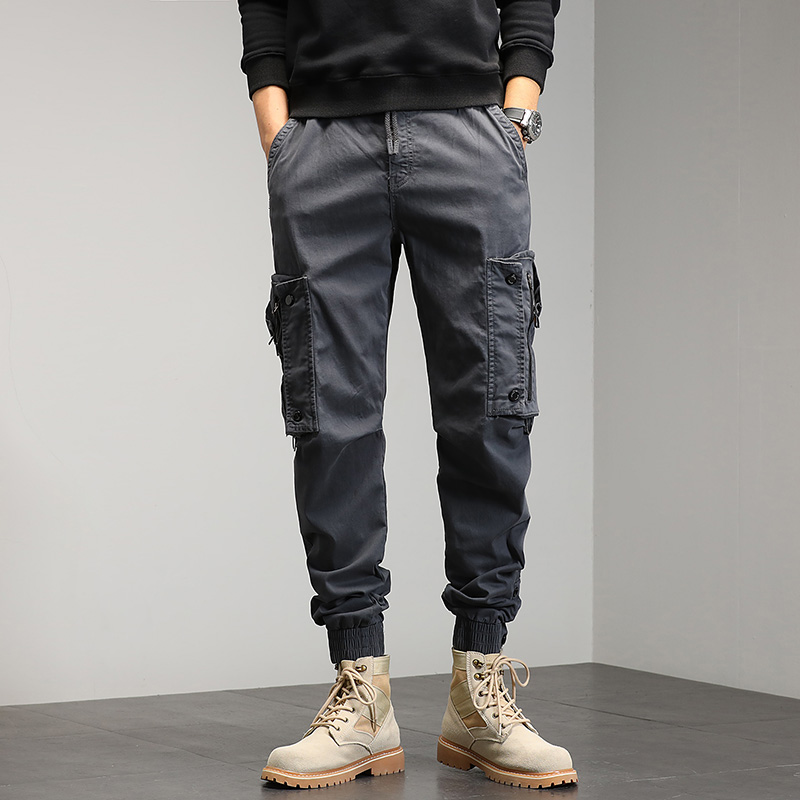Khaki Cargo Pants Men Drawstring Ankle Length 9 Part Trousers Streetwear Fashion Cotton Pants