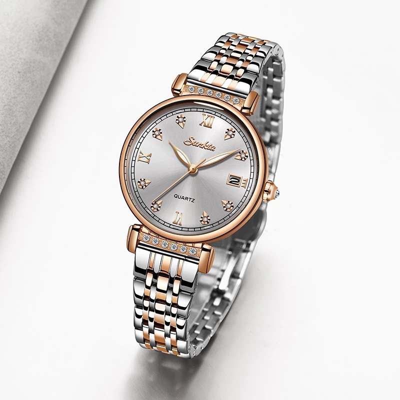SUNKTA น่าฬิกาผู้หญิงโรสโกลด์รุ่นใหม่ปฏิทินส่องสว่างเพชรนาฬิกาผู้หญิงกันน้ำสแตนเลสนาฬิกาควอตซ์ + กล่อง