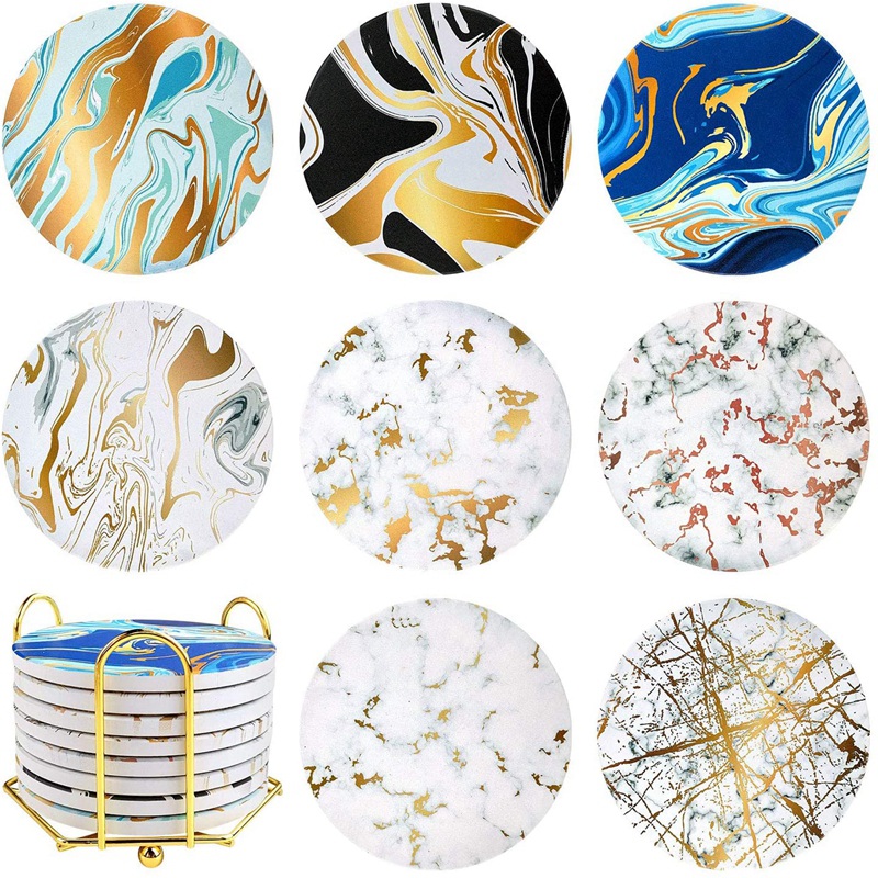Coasters with Metal Holder Stand,Marble Pattern Stone Bar Coasters Set