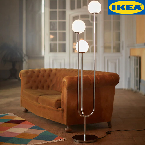 IKEA SIMRISHAMN ซิมริสฮัมน์ โคมไฟตั้งพื้น , ชุบโครเมียม/แก้วฝ้า แก้ว แนะนำให้ใช้หลอด LED E14 หลอดกลมแก้วขุ่น สีขาว(3ดวง)