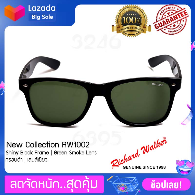 แว่นตากันแดด Richard Walker Wayfarer  Sunglasses รุ่น RW1002-9 New Collection 400UV Shiny Black Frame Green Smoke Lens กรอบดำ เลนส์เขียว รับประกัน1ปีเต็ม
