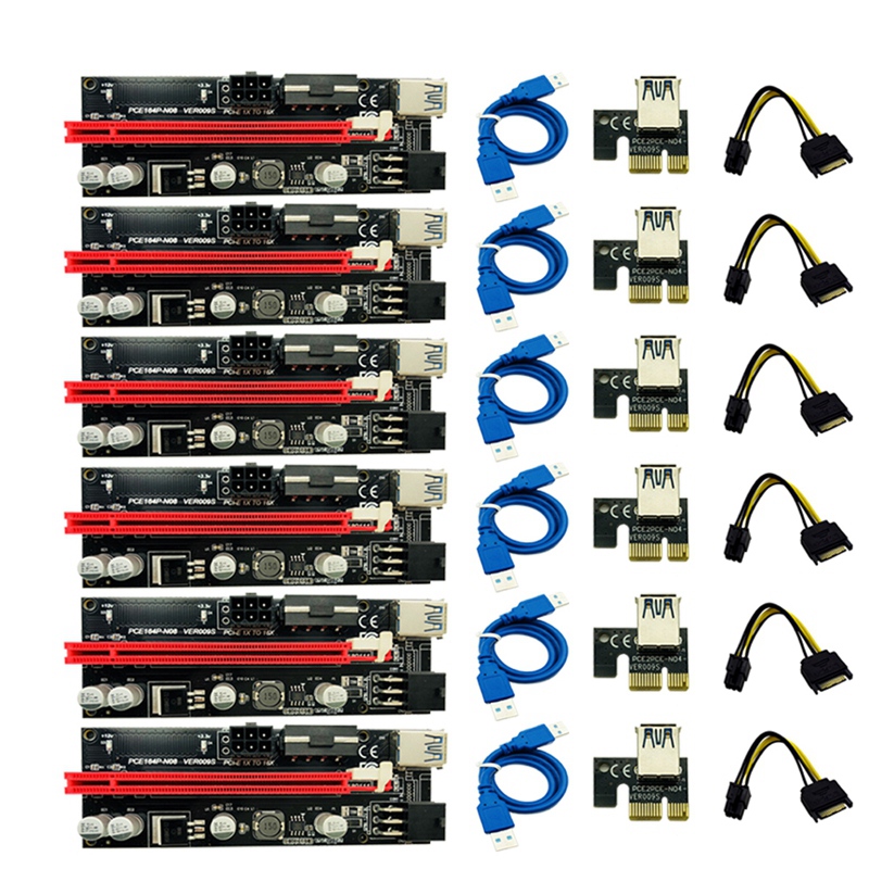 6Pcs ใหม่ล่าสุด Ver009 Usb 3.0 Pci-E Riser Ver 009S Express 1X 4X 8X 16X Extender อะแดปเตอร์ Riser การ์ด Sata 15Pin 6สายไฟ