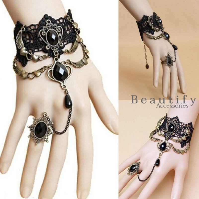 พร้อมส่ง!! สร้อยข้อมือลูกไม้สีดำสไตล์โกธิค เครื่องประดับสไตล์โกธิค
