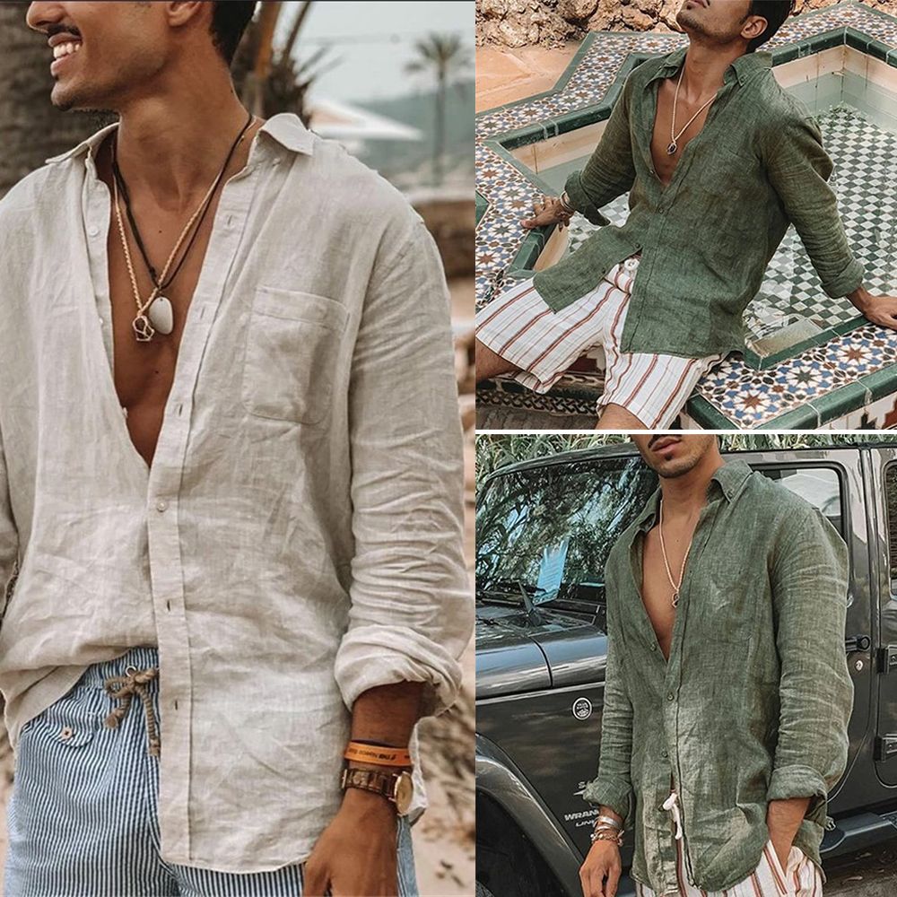 Fashion Cotton Linen TurnDown Collar Kaftan Blouse Casual