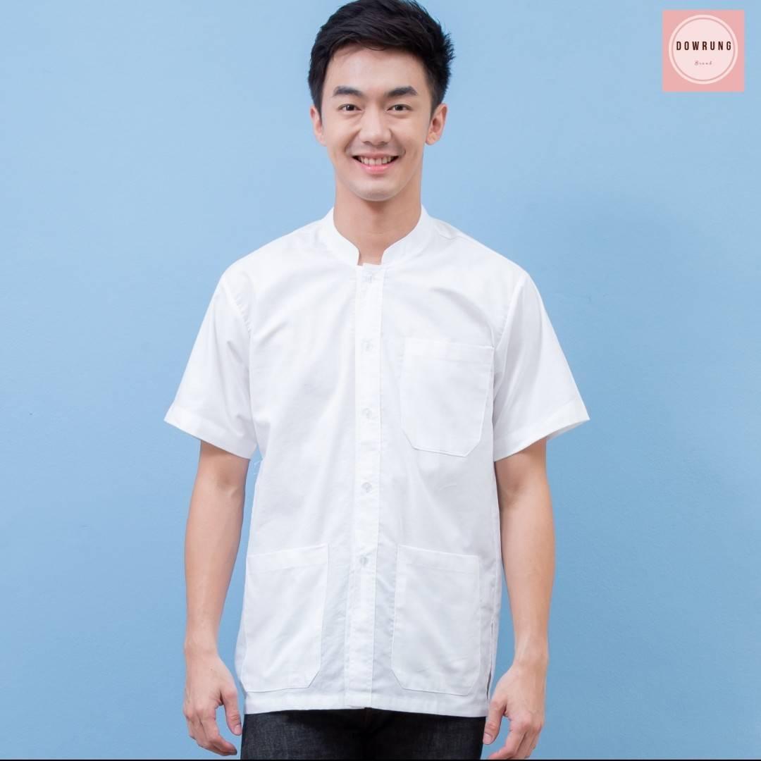 เสื้อคอจีนสีขาวแขนสั้นทรงตัวปล่อย 3 กระเป๋าผ้าฝ้ายญี่ปุ่น(ใยฝ้าย100%) ใส่สบาย ไม่ร้อน